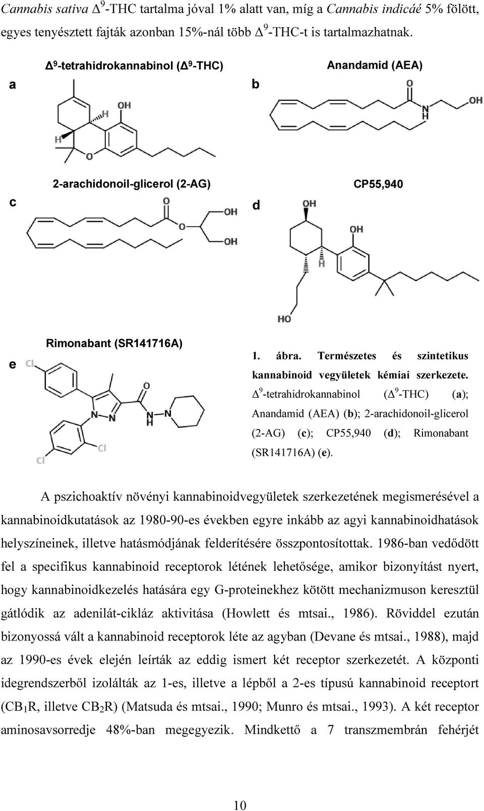 9 -tetrahidrokannabinol ( 9 -THC) (a); Anandamid (AEA) (b); 2-arachidonoil-glicerol (2-AG) (c); CP55,940 (d); Rimonabant (SR141716A) (e).