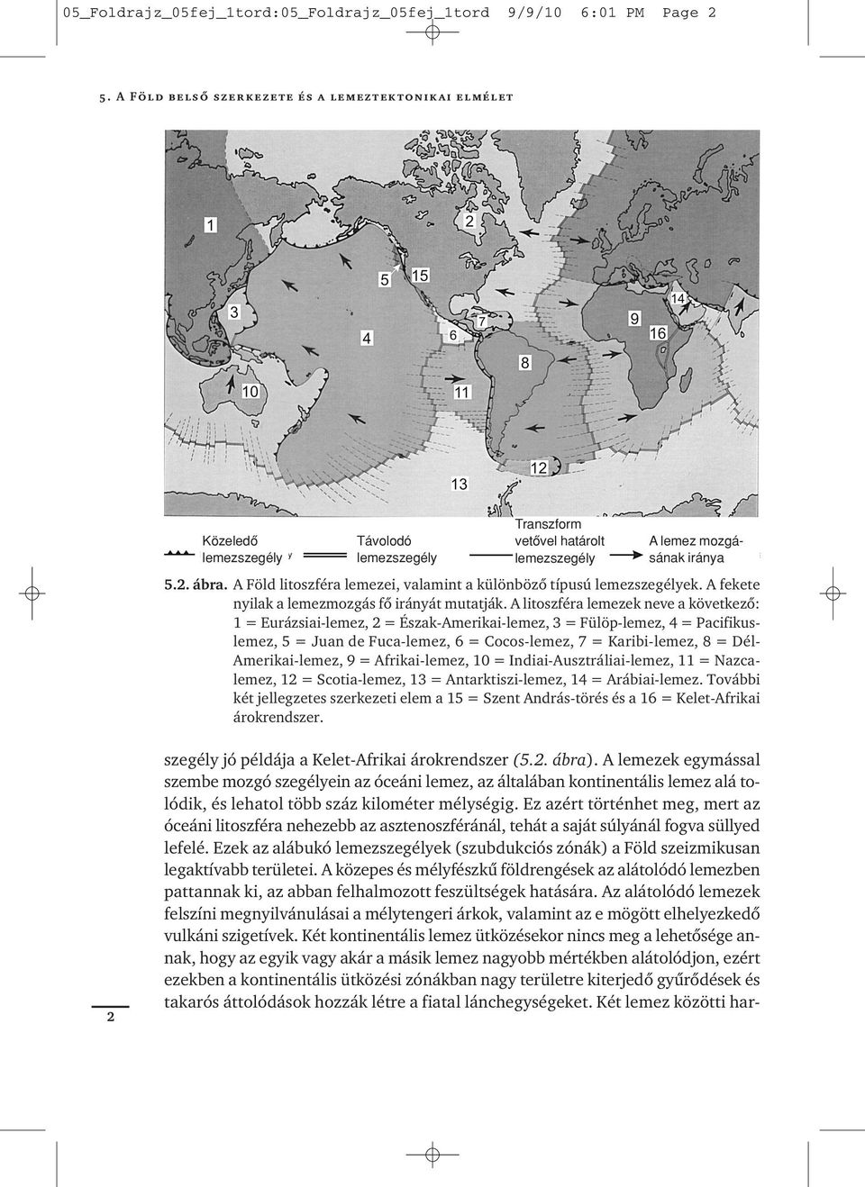 A Föld litoszféra lemezei, valamint a különbözô típusú lemezszegélyek. A fekete nyilak a lemezmozgás fô irányát mutatják.