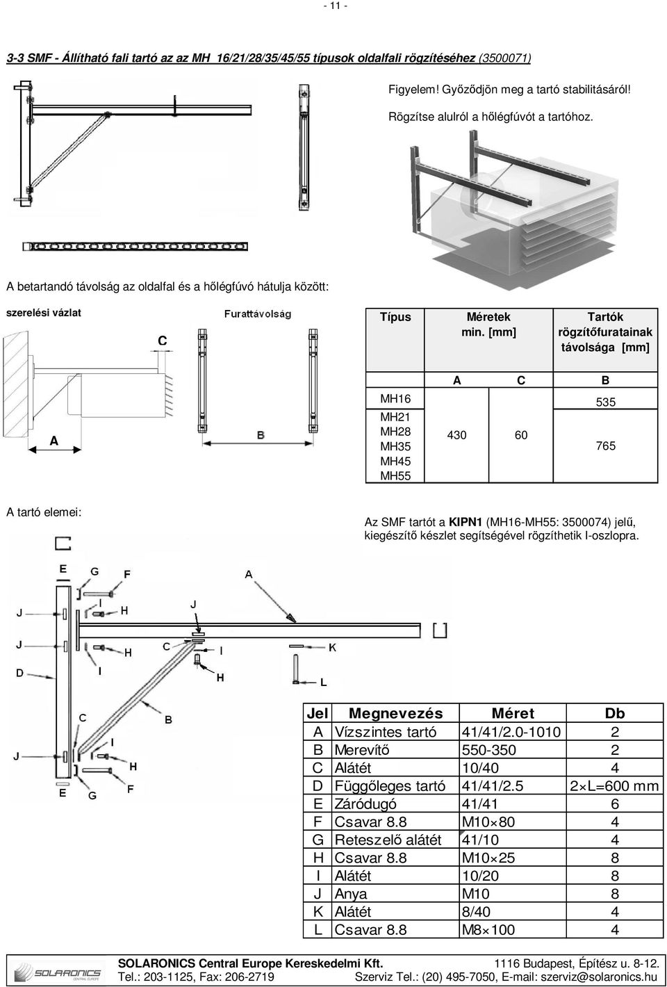 [mm] Tartók rögzítőfuratainak távolsága [mm] A C B A MH16 535 MH21 MH28 MH35 MH45 MH55 430 60 765 A tartó elemei: Az SMF tartót a KIPN1 (MH16-MH55: 3500074) jelű, kiegészítő készlet segítségével