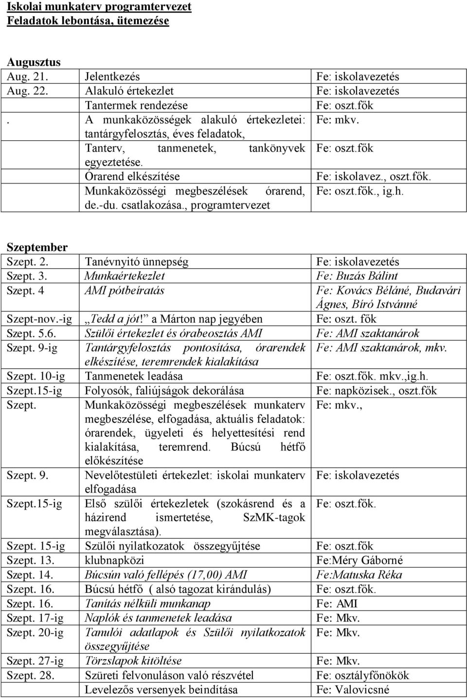 fők., ig.h. de.-du. csatlakozása., programtervezet Szeptember Szept. 2. Tanévnyitó ünnepség Fe: iskolavezetés Szept. 3. Munkaértekezlet Fe: Buzás Bálint Szept.