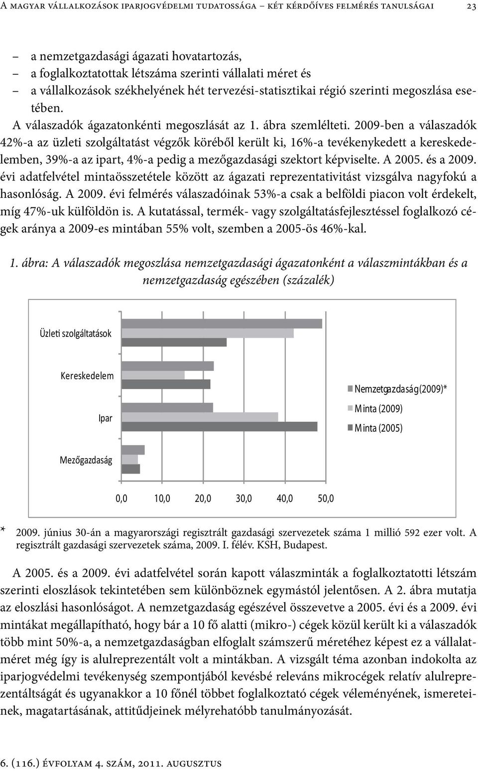 2009-ben a válaszadók 42%-a az üzleti szolgáltatást végzők köréből került ki, 16%-a tevékenykedett a kereskedelemben, 39%-a az ipart, 4%-a pedig a mezőgazdasági szektort képviselte. A 2005. és a 2009.