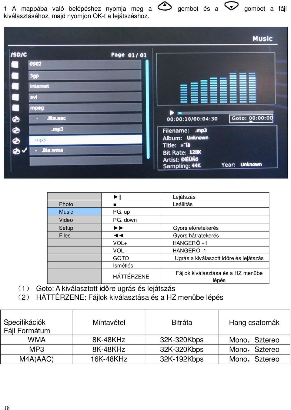 down Setup TGyors előretekerést Files TGyors hátratekerés VOL+ HANGERŐ +1 VOL - HANGERŐ -1 GOTO Ugrás a kiválaszott időre és lejátszás Ismétlés HÁTTÉRZENE Fájlok