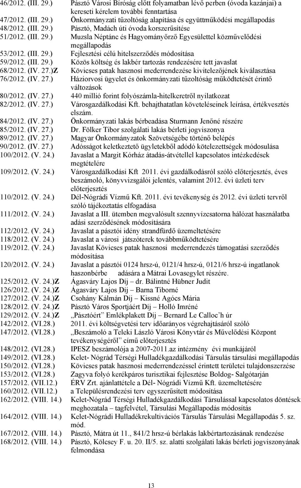 (III. 29.) Közös költség és lakbér tartozás rendezésére tett javaslat 68/2012. (IV. 27.)Z Kövicses patak hasznosi mederrendezése kivitelezőjének kiválasztása 76/2012. (IV. 27.) Háziorvosi ügyelet és önkormányzati tűzoltóság működtetését érintő változások 80/2012.