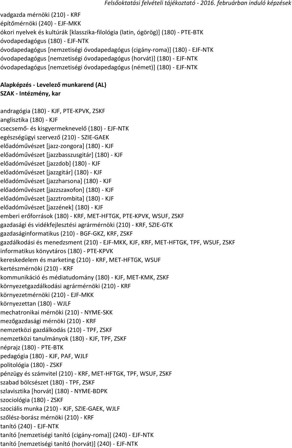 Levelező munkarend (AL) andragógia (180) - KJF, PTE-KPVK, ZSKF anglisztika (180) - KJF csecsemő- és kisgyermeknevelő (180) - EJF-NTK egészségügyi szervező (210) - SZIE-GAEK előadóművészet