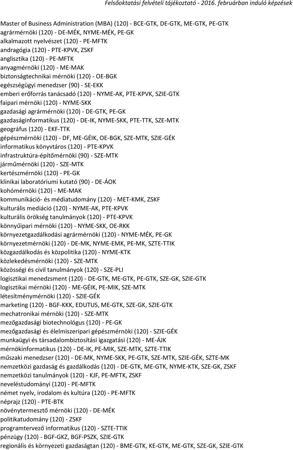 faipari mérnöki (120) - NYME-SKK gazdasági agrármérnöki (120) - DE-GTK, PE-GK gazdaságinformatikus (120) - DE-IK, NYME-SKK, PTE-TTK, SZE-MTK geográfus (120) - EKF-TTK gépészmérnöki (120) - DF,