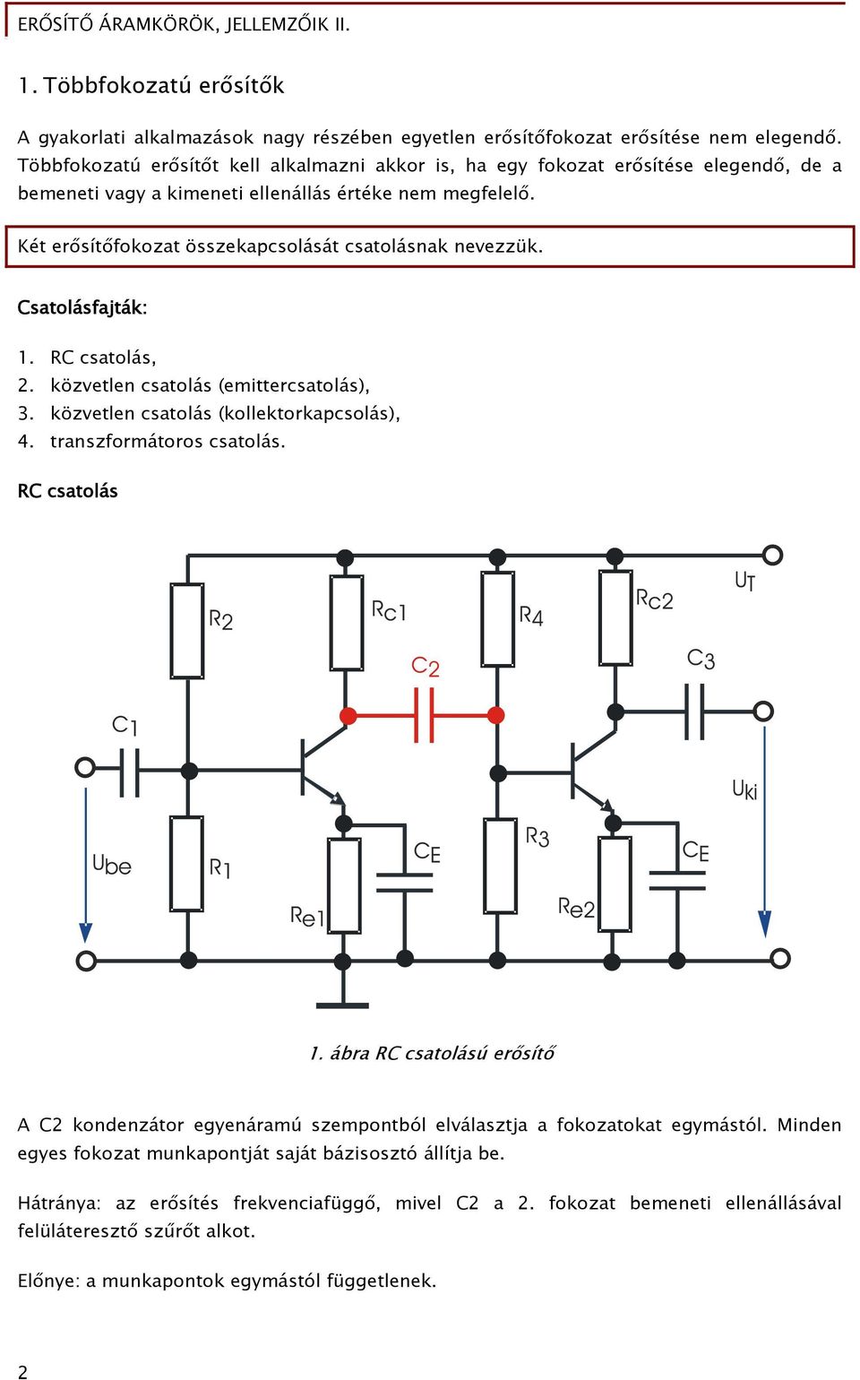 (emittercsatolás), közvetlen csatolás (kollektorkapcsolás), 4 transzormátoros csatolás csatolás ábra csatolású erősítő kondenzátor egyenáramú szempontból elválasztja a okozatokat