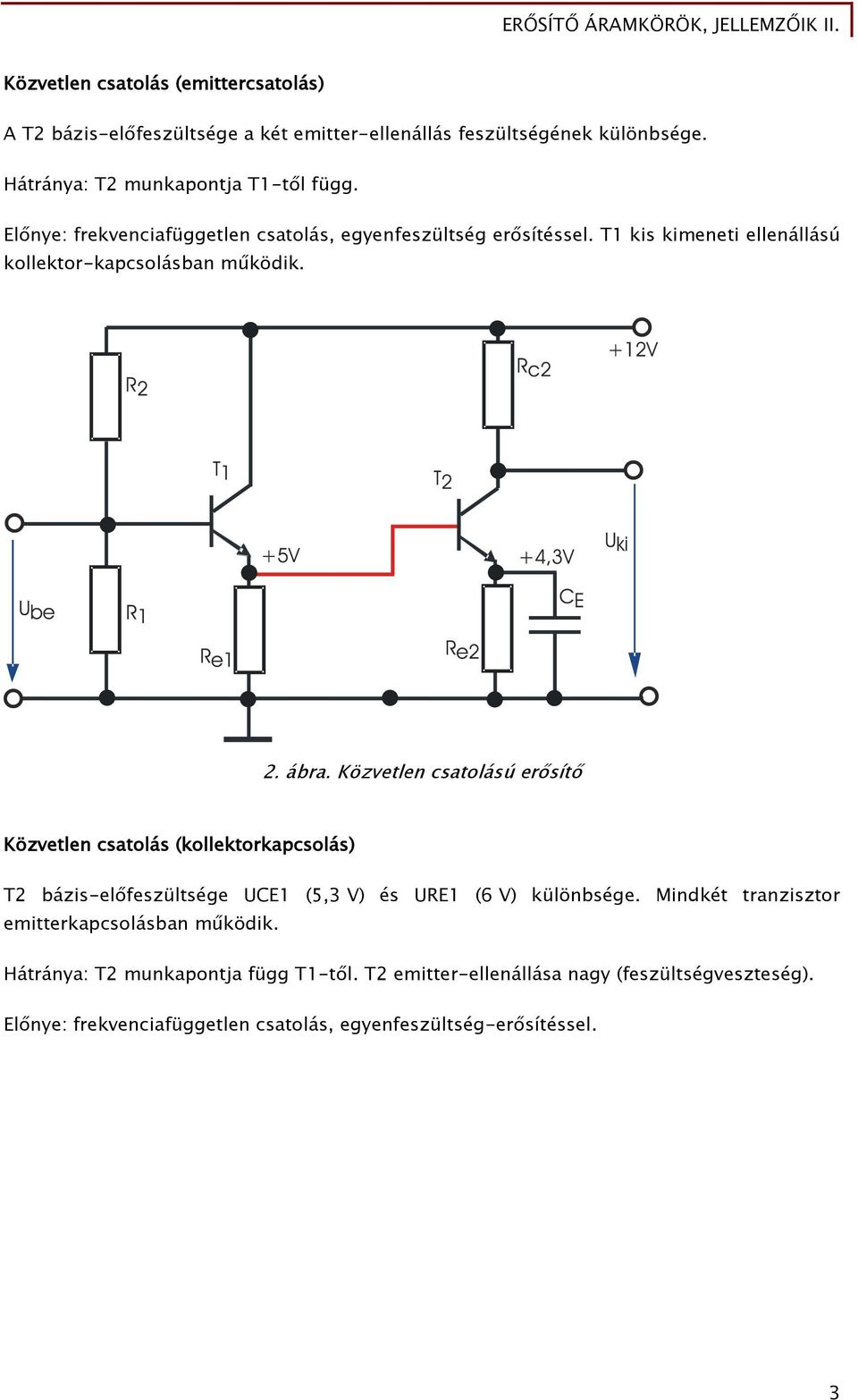 Közvetlen csatolású erősítő Közvetlen csatolás (kollektorkapcsolás) T bázis-előeszültsége (5, V) és (6 V) különbsége Mindkét tranzisztor