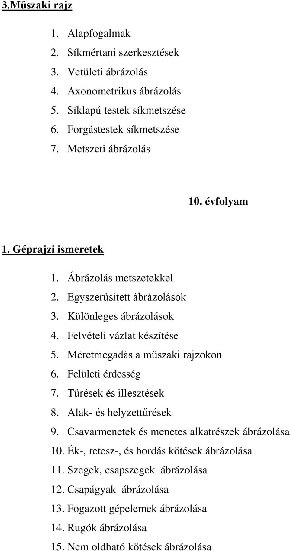 Méretmegadás a műszaki rajzokon 6. Felületi érdesség 7. Tűrések és illesztések 8. Alak- és helyzettűrések 9. Csavarmenetek és menetes alkatrészek ábrázolása 10.