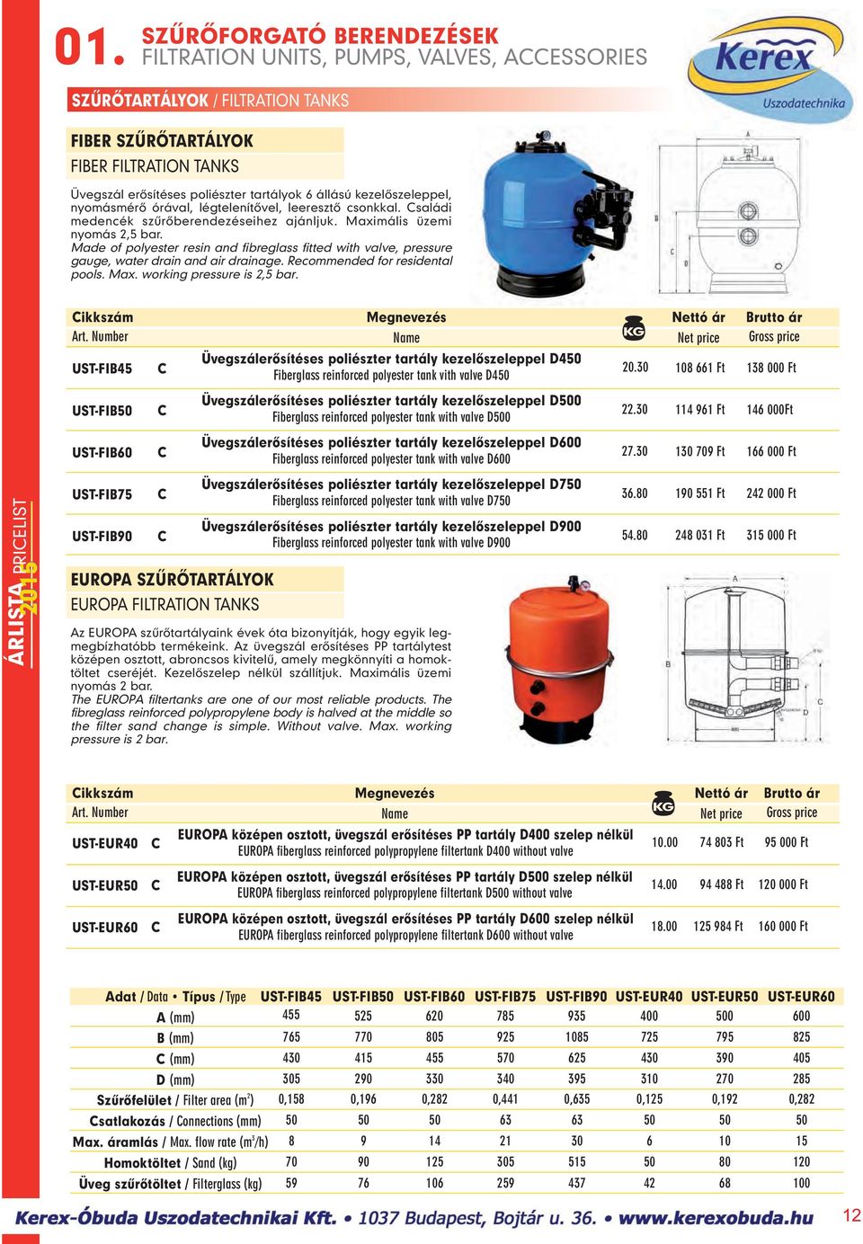 Recommended for residental pools. Max. working pressure is 2,5 bar. UST-FIB45 C Üvegszálerôsítéses poliészter tartály kezelôszeleppel D450 Fiberglass reinforced polyester tank vith valve D450 20.