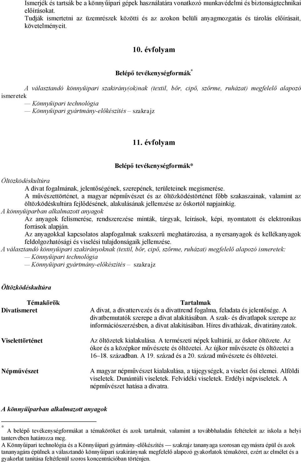 évfolyam Belépő tevékenységformák * A választandó könnyűipari szakirány(ok)nak (textil, bőr, cipő, szőrme, ruházat) megfelelő alapozó ismeretek Könnyűipari technológia Könnyűipari