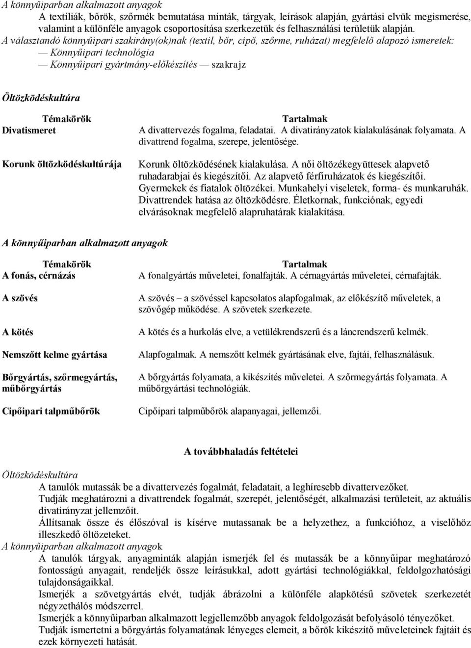 A választandó könnyűipari szakirány(ok)nak (textil, bőr, cipő, szőrme, ruházat) megfelelő alapozó ismeretek: Könnyűipari technológia Könnyűipari gyártmány-előkészítés szakrajz Öltözködéskultúra