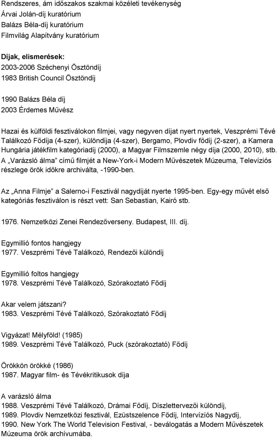 (4-szer), Bergamo, Plovdiv fődíj (2-szer), a Kamera Hungária játékfilm kategóriadíj (2000), a Magyar Filmszemle négy díja (2000, 2010), stb.