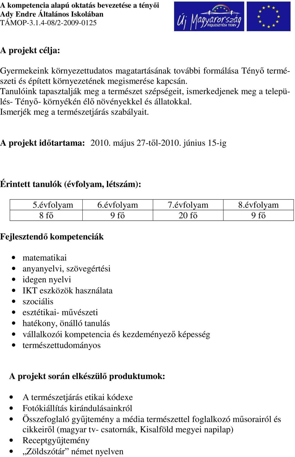 május 27től2010. június 15ig Érintett tanulók (évfolyam, létszám): 5.évfolyam 6.évfolyam 7.évfolyam 8.