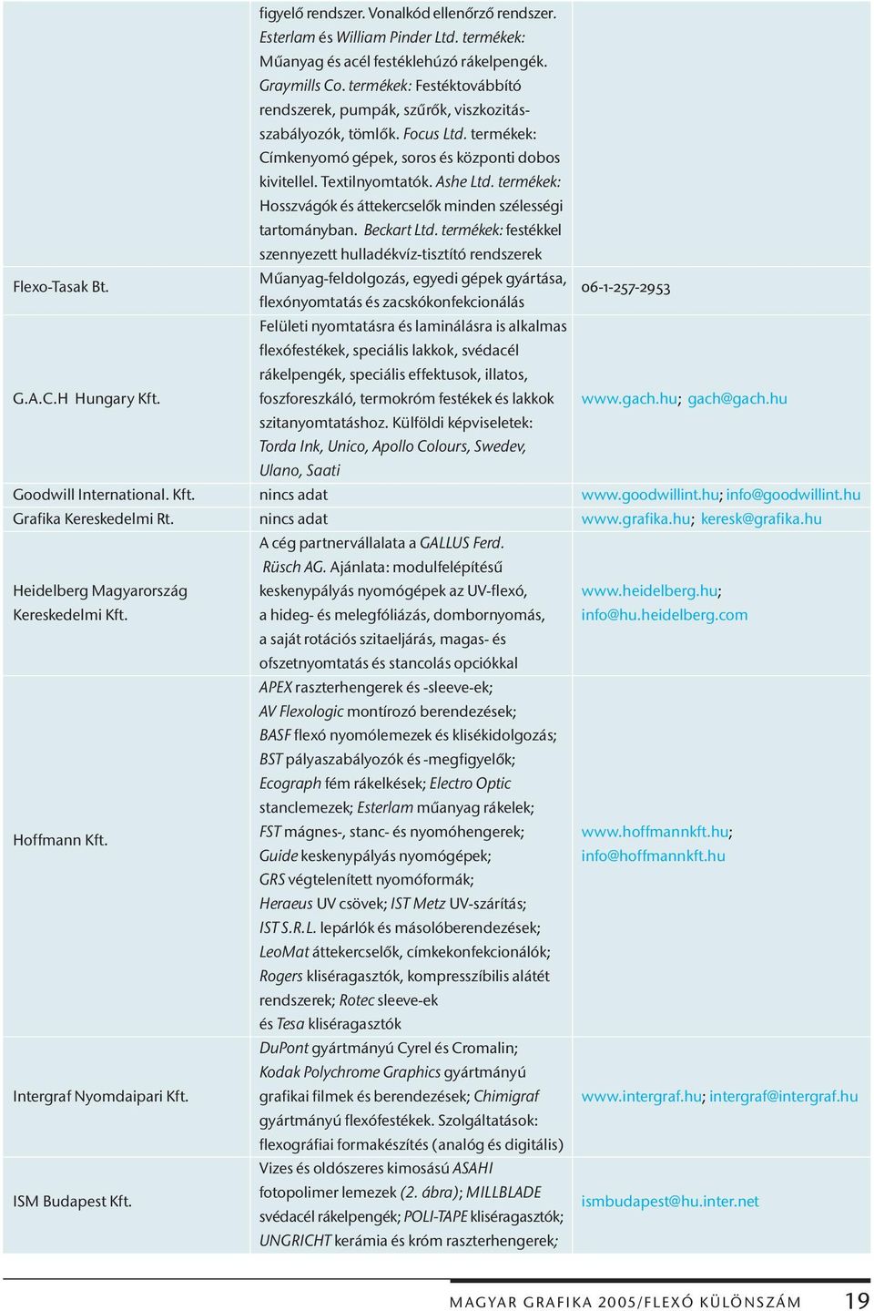 termékek: Hosszvágók és áttekercselők minden szélességi tartományban. Beckart Ltd. termékek: festékkel szennyezett hulladékvíz-tisztító rendszerek Flexo-Tasak Bt.