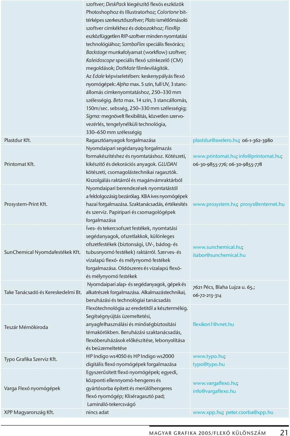 filmlevilágítók. Az Edale képviseletében: keskenypályás flexó nyomógépek: Alpha max. 5 szín, full UV, 3 stancállomás címkenyomtatáshoz, 250 330 mm szélességig. Beta max.