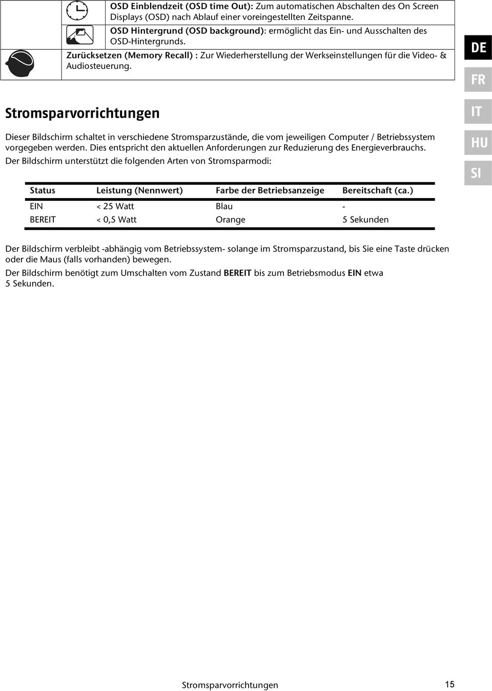 Stromsparvorrichtungen Dieser Bildschirm schaltet in verschiedene Stromsparzustände, die vom jeweiligen Computer / Betriebssystem vorgegeben werden.