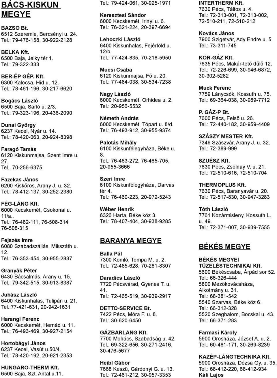 u. 32. Tel.: 78-412-137, 30-252-2380 FÉG-LÁNG Kft. 6000 Kecskemét, Csokonai u. 11/a.. Tel.: 76-482-111, 76-508-314 76-508-315 Fejszés Imre 6080 Szabadszállás, Mikszáth u. 12. Tel.: 76-353-454, 30-955-2837 Granyák Péter 6430 Bácsalmás, Arany u.