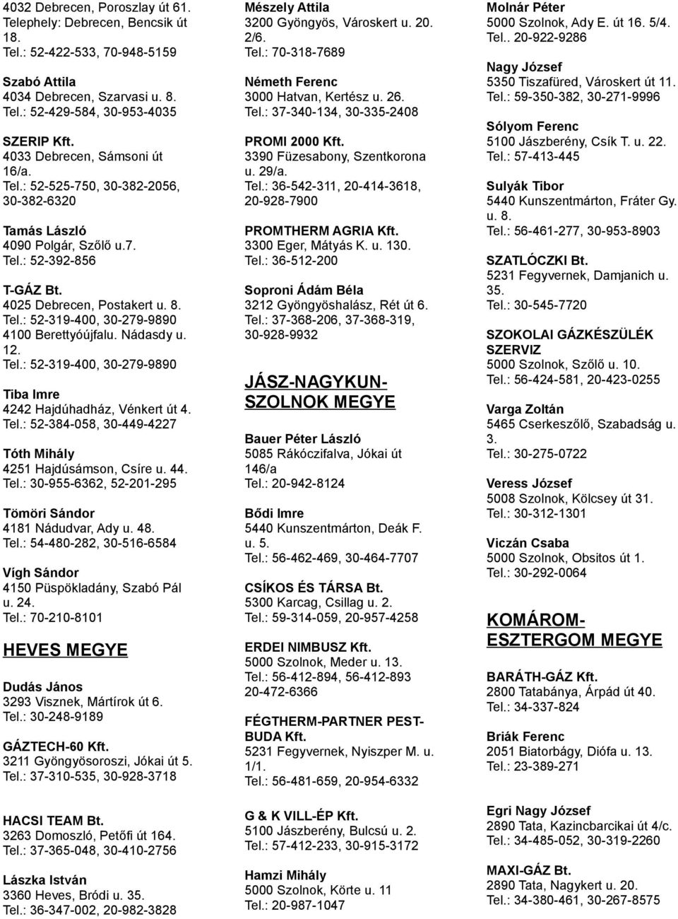 Nádasdy u. 12. Tel.: 52-319-400, 30-279-9890 Tiba Imre 4242 Hajdúhadház, Vénkert út 4. Tel.: 52-384-058, 30-449-4227 Tóth Mihály 4251 Hajdúsámson, Csíre u. 44. Tel.: 30-955-6362, 52-201-295 Tömöri Sándor 4181 Nádudvar, Ady u.