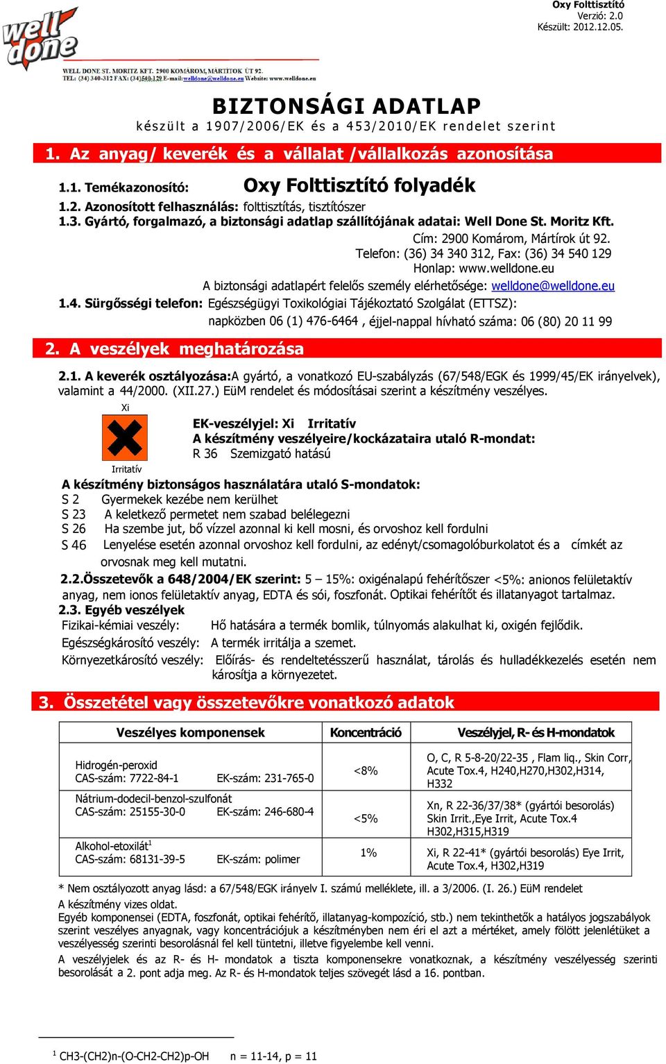 Telefon: (36) 34 340 312, Fax: (36) 34 540 129 Honlap: www.welldone.eu A biztonsági adatlapért felelős személy elérhetősége: welldone@welldone.eu 1.4. Sürgősségi telefon: Egészségügyi Toxikológiai Tájékoztató Szolgálat (ETTSZ): napközben 06 (1) 476-6464, éjjel-nappal hívható száma: 06 (80) 20 11 99 2.