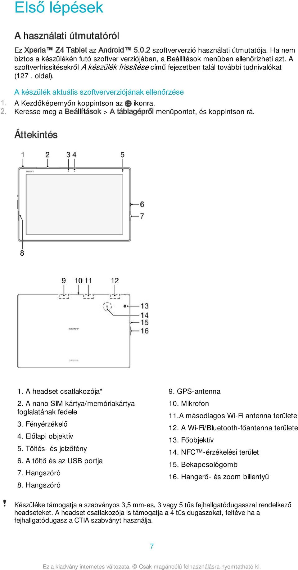 A készülék aktuális szoftververziójának ellenőrzése 2. Keresse meg a Beállítások > A táblagépről menüpontot, és koppintson rá. Áttekintés 1. A headset csatlakozója* 2.