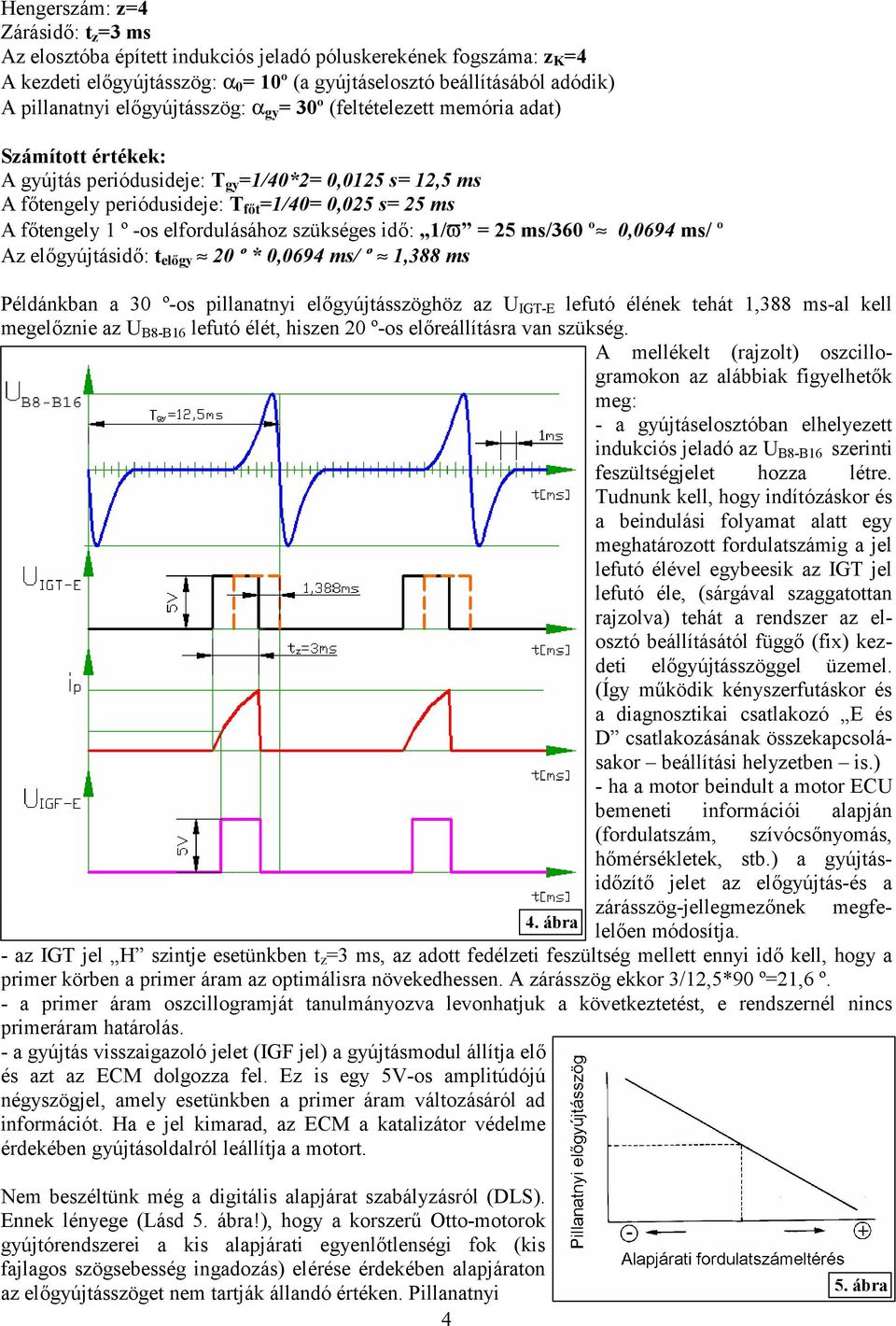 1 º -os elfordulásához szükséges idő: 1/v = 25 ms/360 º» 0,0694 ms/ º Az előgyújtásidő: t előgy» 20 º * 0,0694 ms/ º» 1,388 ms Példánkban a 30 º-os pillanatnyi előgyújtásszöghöz az U IGT-E lefutó