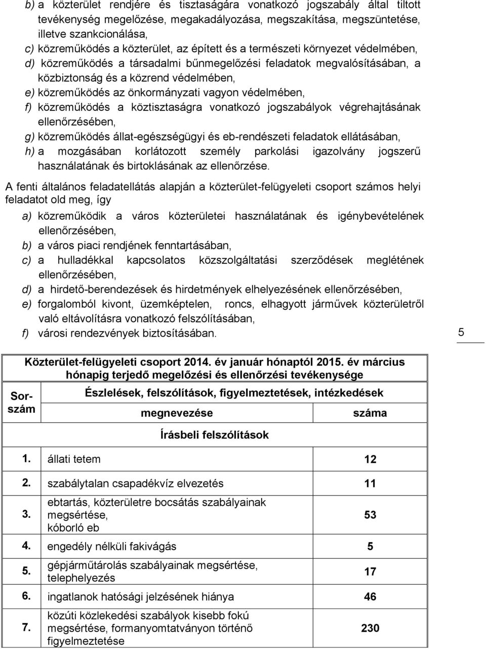 védelmében, f) közreműködés a köztisztaságra vonatkozó jogszabályok végrehajtásának ellenőrzésében, g) közreműködés állat-egészségügyi és eb-rendészeti feladatok ellátásában, h) a mozgásában