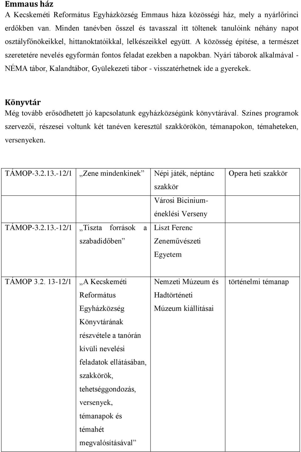 A közösség építése, a természet szeretetére nevelés egyformán fontos feladat ezekben a napokban. Nyári táborok alkalmával - NÉMA tábor, Kalandtábor, Gyülekezeti tábor - visszatérhetnek ide a gyerekek.