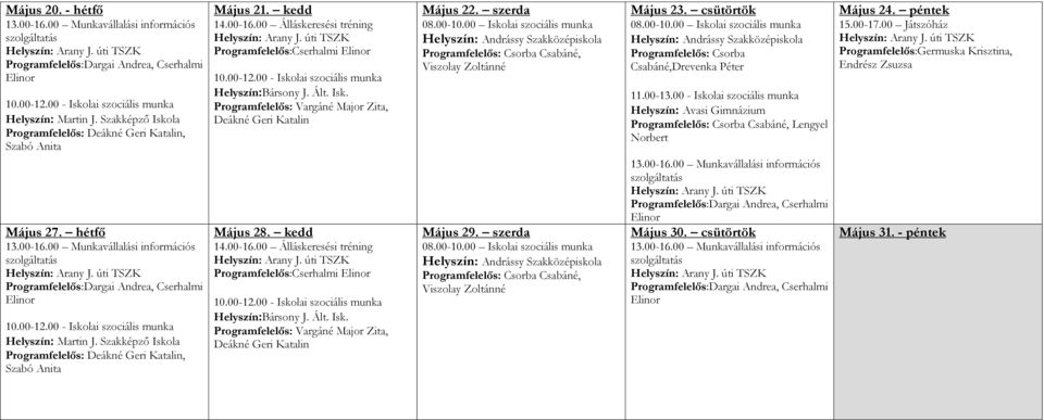 00 - Iskolai szociális munka Helyszín: Martin J. Szakképző Iskola Programfelelős: Deákné Geri Katalin, Szabó Anita Május 21. kedd 14.00-16.00 Álláskeresési tréning Programfelelős:Cserhalmi Elinor 10.