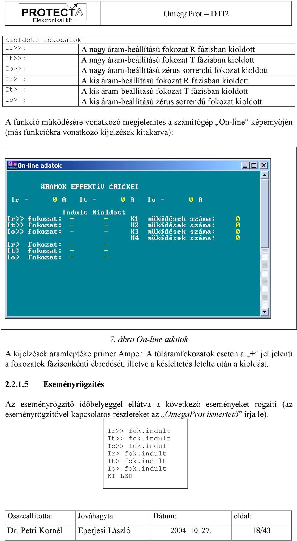vonatkozó megjelenítés a számítógép On-line képernyőjén (más funkciókra vonatkozó kijelzések kitakarva): 7. ábra On-line adatok A kijelzések áramléptéke primer Amper.