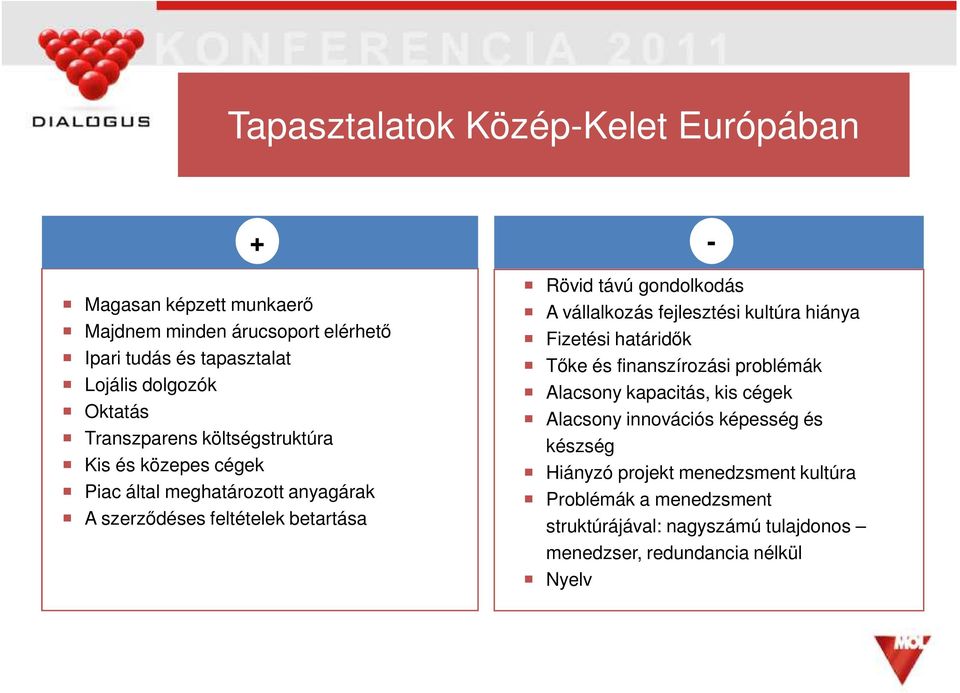 gondolkodás A vállalkozás fejlesztési kultúra hiánya Fizetési határidık Tıke és finanszírozási problémák Alacsony kapacitás, kis cégek Alacsony