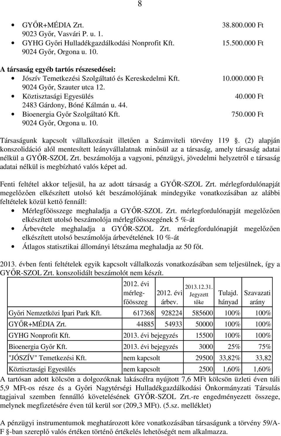 Bioenergia Gyır Szolgáltató Kft. 750.000 Ft 9024 Gyır, Orgona u. 10. Társaságunk kapcsolt vállalkozásait illetıen a Számviteli törvény 119.