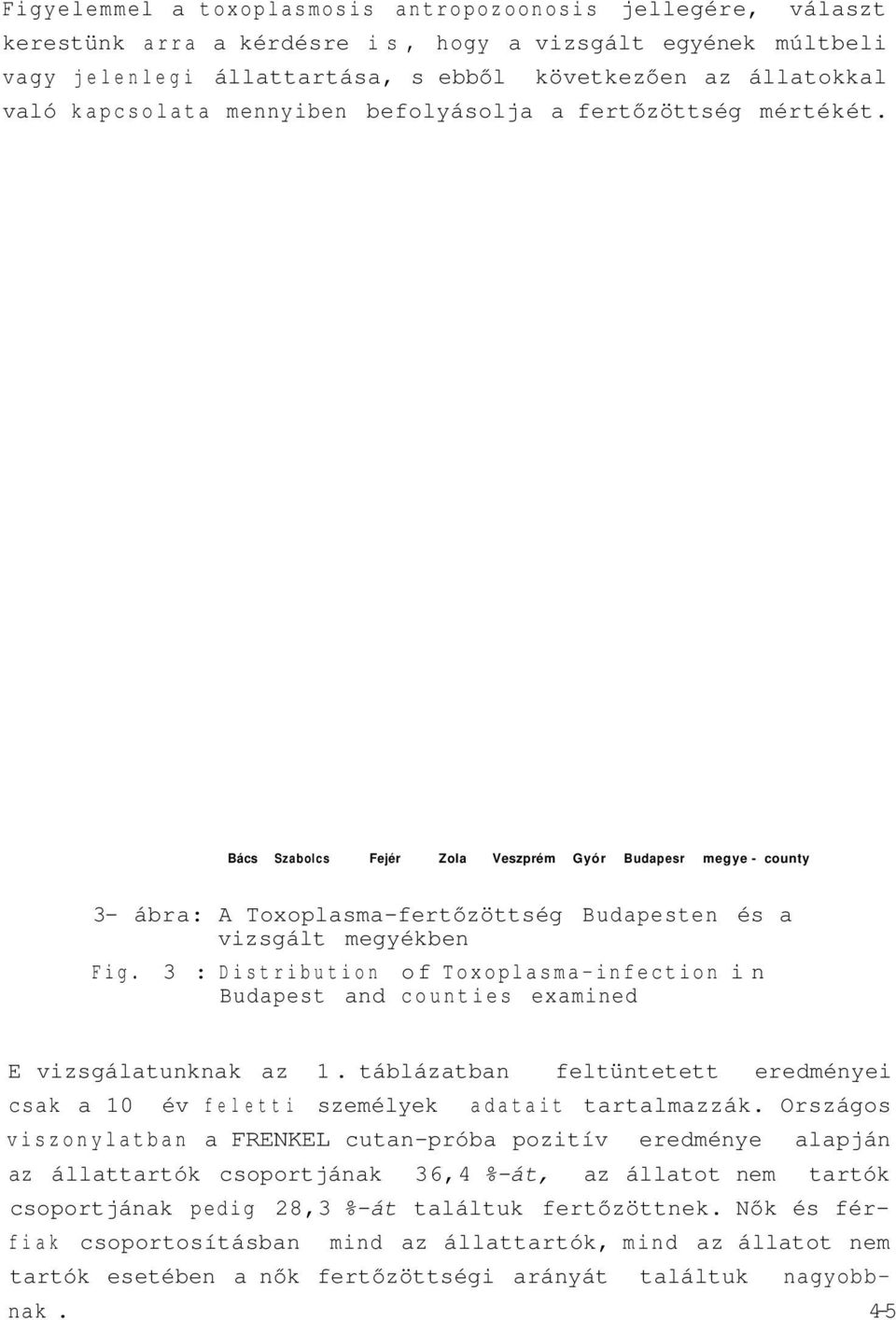 3 : Distribution of Toxoplasma-infection in Budapest and counties examined E vizsgálatunknak az 1. táblázatban feltüntetett eredményei csak a 10 év feletti személyek adatait tartalmazzák.