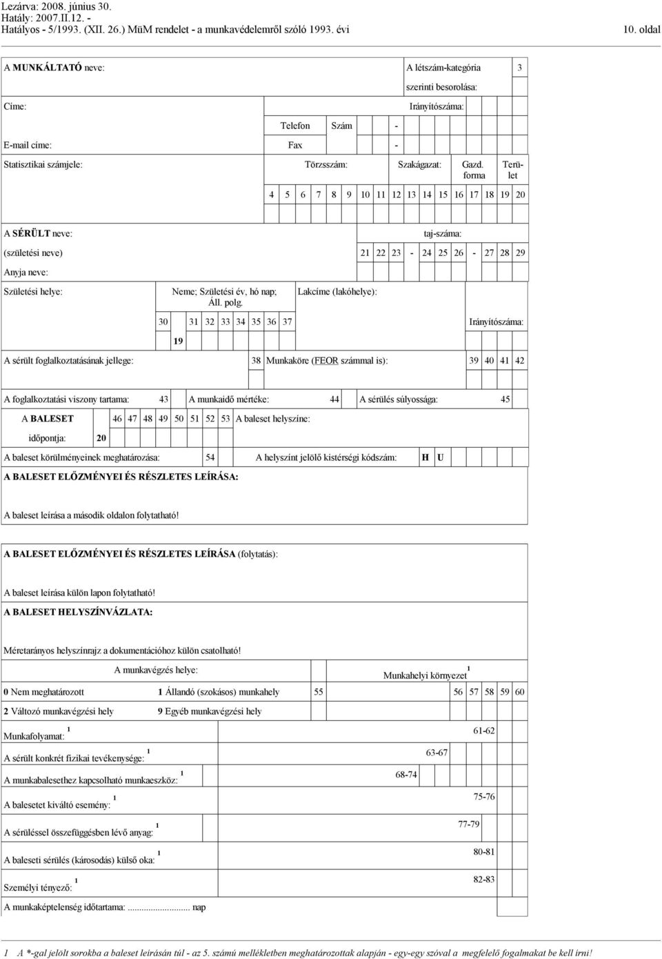 Lakcíme (lakóhelye): 30 31 32 33 34 35 36 37 Irányítószáma: 19 A sérült foglalkoztatásának jellege: 38 Munkaköre (FEOR számmal is): 39 40 41 42 A foglalkoztatási viszony tartama: 43 A munkaidő