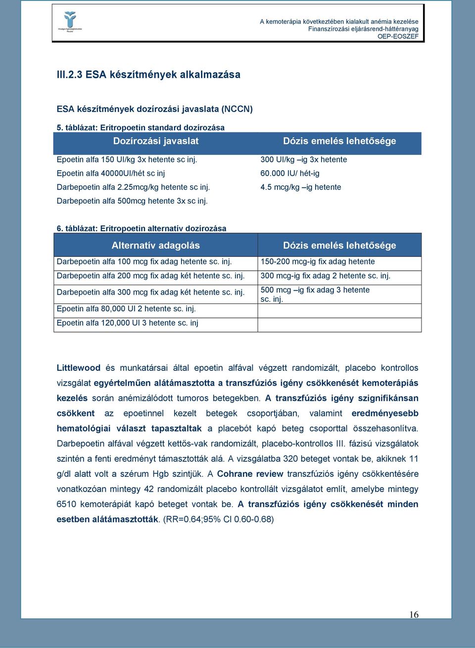 5 mcg/kg ig hetente 6. táblázat: Eritropoetin alternatív dozírozása Alternatív adagolás Darbepoetin alfa 100 mcg fix adag hetente sc. inj. Darbepoetin alfa 200 mcg fix adag két hetente sc. inj. Darbepoetin alfa 300 mcg fix adag két hetente sc.