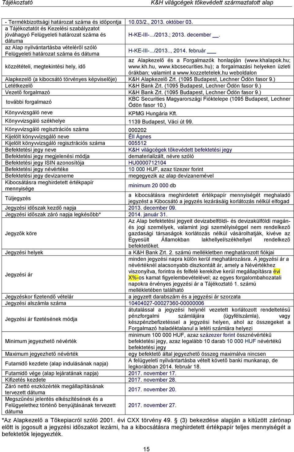 február Felügyeleti határozat száma és dátuma közzétételi, megtekintési hely, idő az Alapkezelő és a Forgalmazók honlapján (www.khalapok.hu; www.kh.hu, www.kbcsecurities.