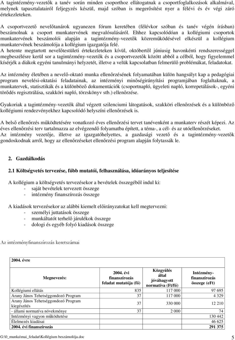 Ehhez kapcsolódóan a kollégiumi csoportok munkatervének beszámolói alapján a tagintézmény-vezetk közremködésével elkészül a kollégium munkatervének beszámolója a kollégium igazgatója felé.