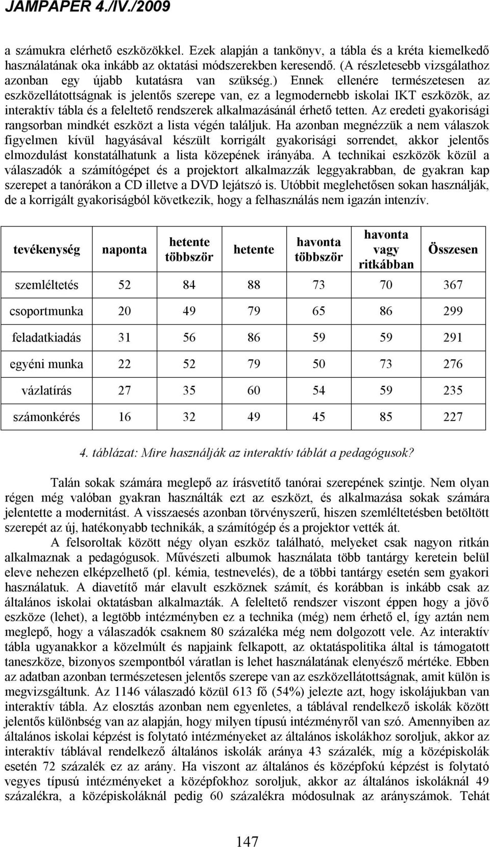 ) Ennek ellenére természetesen az eszközellátottságnak is jelentős szerepe van, ez a legmodernebb iskolai IKT eszközök, az interaktív tábla és a feleltető rendszerek alkalmazásánál érhető tetten.