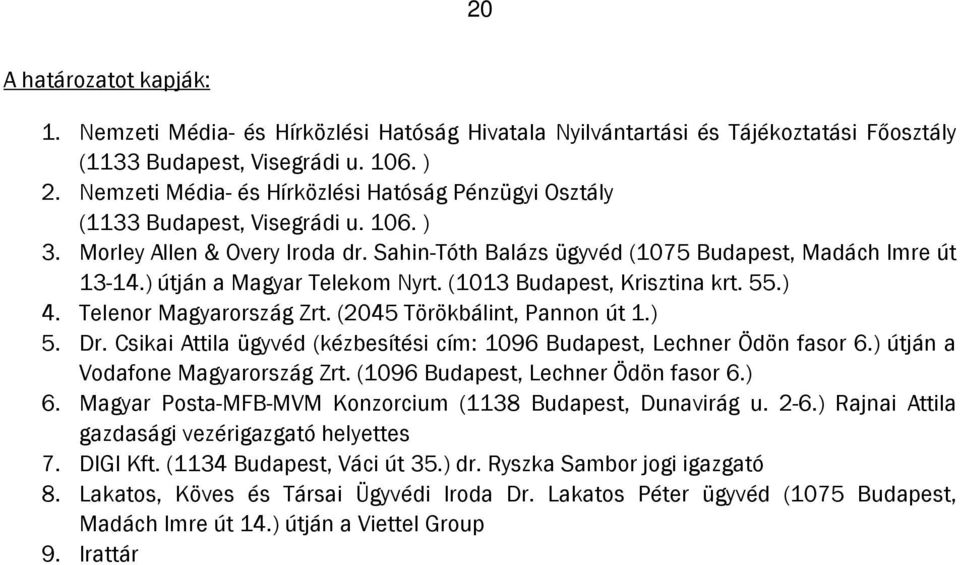 ) útján a Magyar Telekom Nyrt. (1013 Budapest, Krisztina krt. 55.) 4. Telenor Magyarország Zrt. (2045 Törökbálint, Pannon út 1.) 5. Dr.