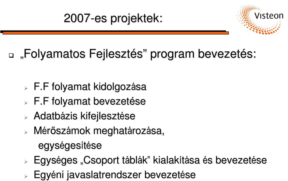 F folyamat bevezetése Adatbázis kifejlesztése se Mérőszámok meghatároz