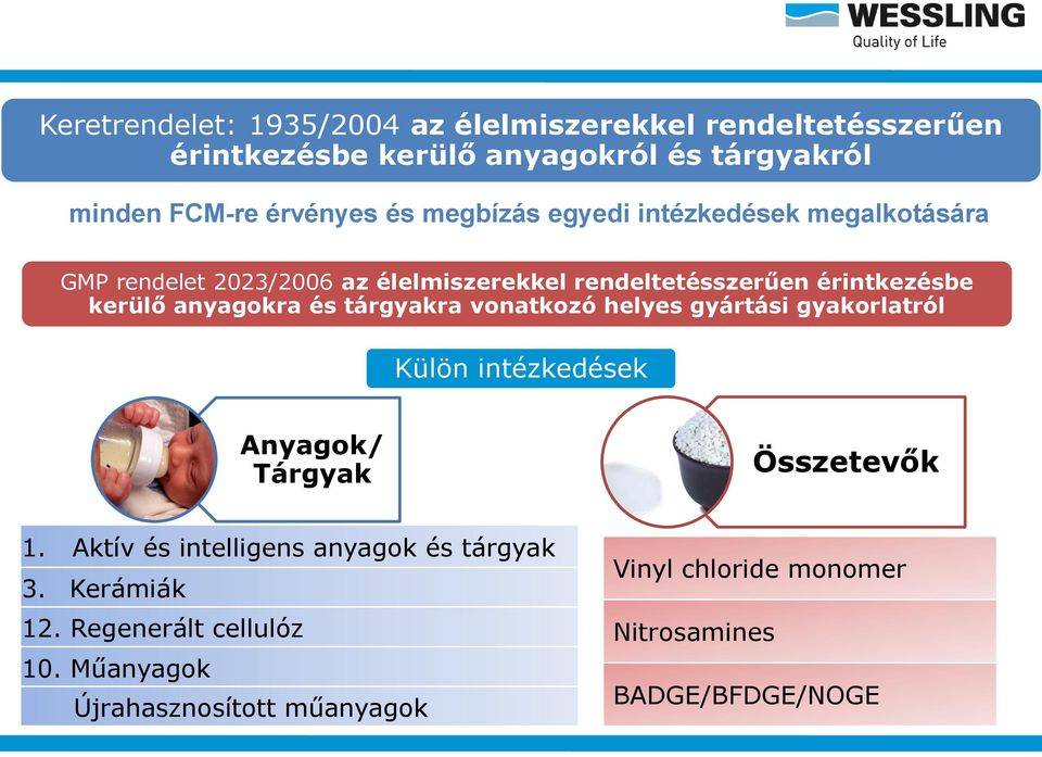 és tárgyakra vonatkozó helyes gyártási gyakorlatról Külön intézkedések Anyagok/ Tárgyak Összetevők 1.