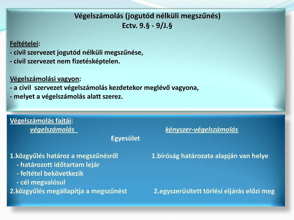 Végelszámolási vagyon: - a civil szervezet végelszámolás kezdetekor meglévő vagyona, - melyet a végelszámolás alatt szerez.