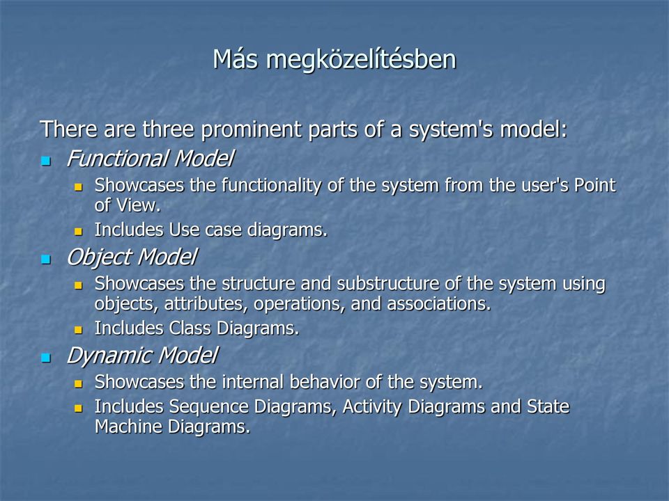 Object Model Showcases the structure and substructure of the system using objects, attributes, operations, and