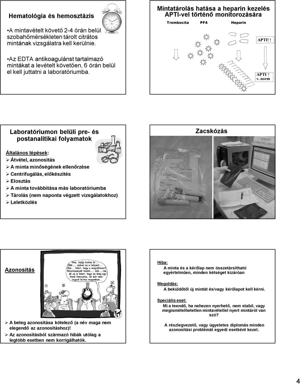 Mintatárolás hatása a heparin kezelés APTI-vel történő monitorozására Trombocita PF4 Heparin APTI APTI v.