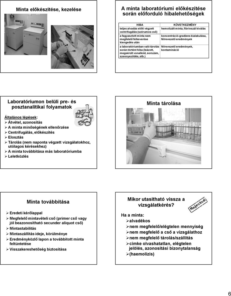 ) KÖVETKEZMÉNY hemolizált minta, fibrinszál kiválás koncentráció-gradiens kialakulása, félrevezető eredmények félrevezető eredmények, kontamináció Laboratóriumon belüli pre- és posztanalitikai