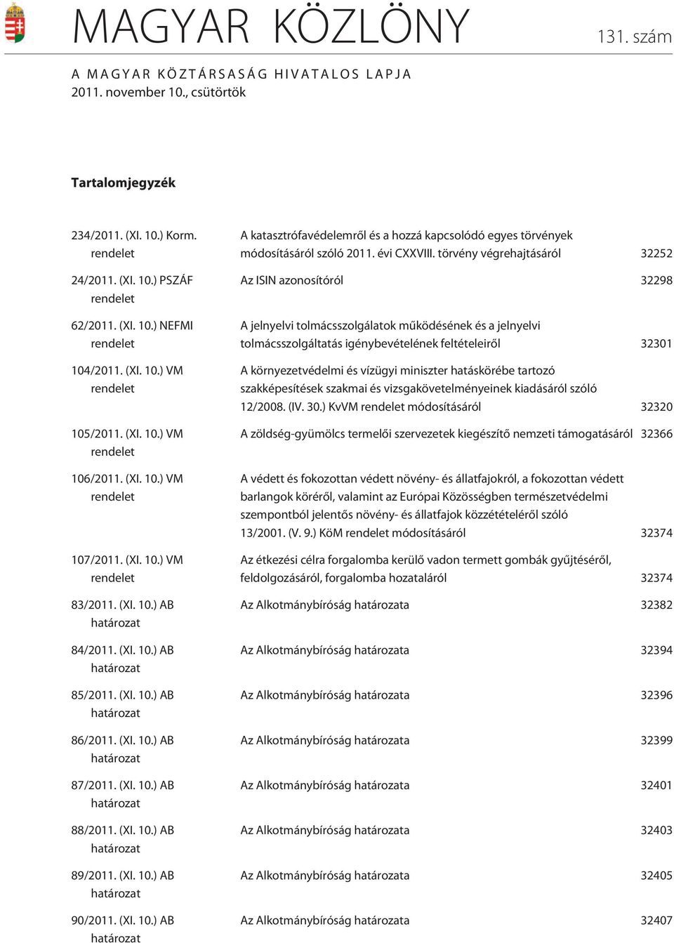 (XI. 10.) AB határozat 87/2011. (XI. 10.) AB határozat 88/2011. (XI. 10.) AB határozat 89/2011. (XI. 10.) AB határozat 90/2011. (XI. 10.) AB határozat A katasztrófavédelemrõl és a hozzá kapcsolódó egyes törvények módosításáról szóló 2011.