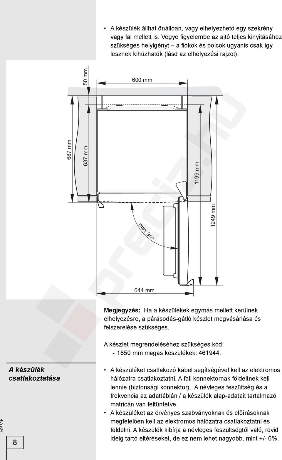 687 mm 50 mm 637 mm 600 mm max 90 644 mm Megjegyzés: Ha a készülékek egymás mellett kerülnek elhelyezésre, a párásodás-gátló készlet megvásárlása és felszerelése szükséges.