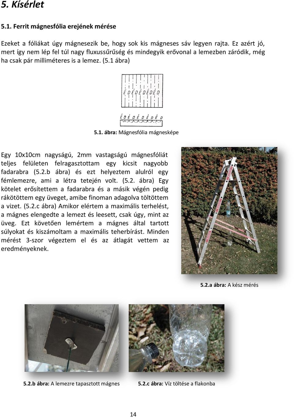 ábra) 5.1. ábra: Mágnesfólia mágnesképe Egy 10x10cm nagyságú, 2mm vastagságú mágnesfóliát teljes felületen felragasztottam egy kicsit nagyobb fadarabra (5.2.b ábra) és ezt helyeztem alulról egy fémlemezre, ami a létra tetején volt.