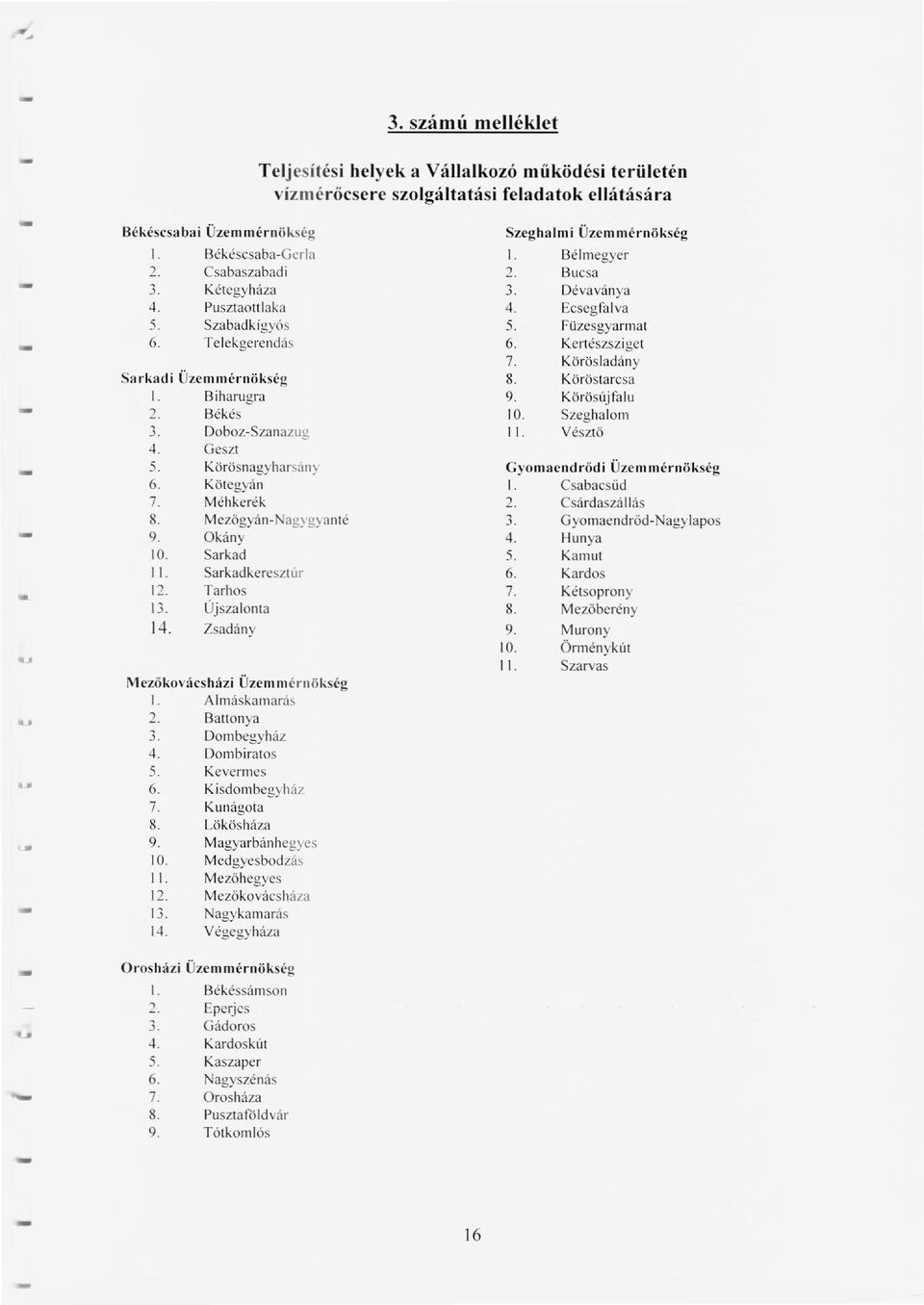 Mezögyán-Nagygyanté 9. Okány 10. Sarkad 1 1. Sarkadkeresztúr 12. Tarhos 13. Újszalonta 14. Zsadány Mezőkovácsházi Üzemmérnökség 1. A Imáskal11arás 2. Battonya 3. DOl11begyház 4. DOl11biratos 5.