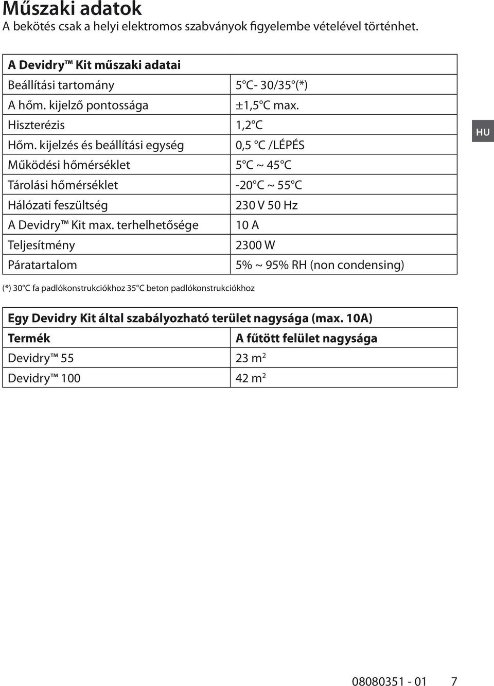 kijelzés és beállítási egység 0,5 C /LÉPÉS Működési hőmérséklet 5 C ~ 45 C Tárolási hőmérséklet -20 C ~ 55 C Hálózati feszültség 230 V 50 Hz A Devidry Kit max.