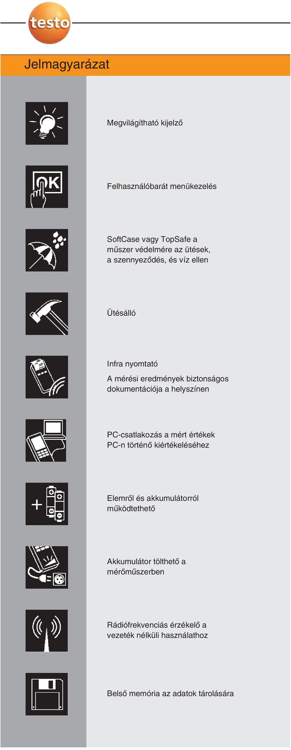 helyszínen PC-csatlakozás a mért értékek PC-n történõ kiértékeléséhez Elemrõl és akkumulátorról mûködtethetõ